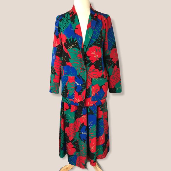 Vintage Tan F Jay Blazer Skirt Suit Tropical Pleated 8 - Picture 1 of 13